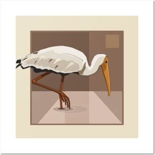 Stork Illustration Design in Geometric Brown Background Posters and Art